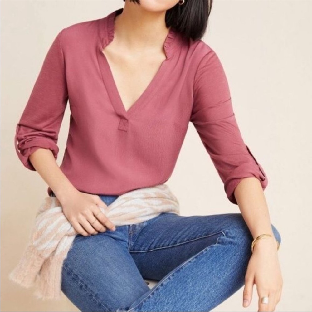 Anthropologie Porridge Aidan V-Neck Roll Tab Sleeves Pullover Blouse Top Small
